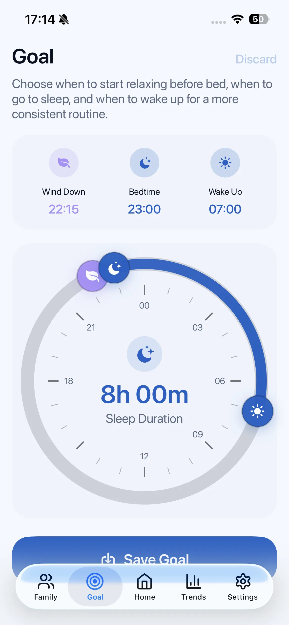 KinSleep Goal screen showing wind-down, bedtime, and wake-up goals